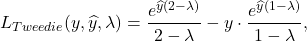 \[ L_{Tweedie}(y, \widehat{y}, \lambda) = \frac{e^{\widehat{y}(2 - \lambda)}}{2 - \lambda} - y \cdot \frac{e^{\widehat{y}(1 - \lambda)}}{1 - \lambda}, \]